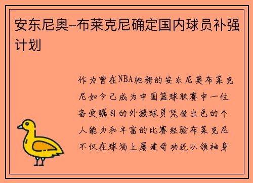 安东尼奥-布莱克尼确定国内球员补强计划