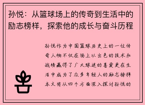 孙悦：从篮球场上的传奇到生活中的励志榜样，探索他的成长与奋斗历程