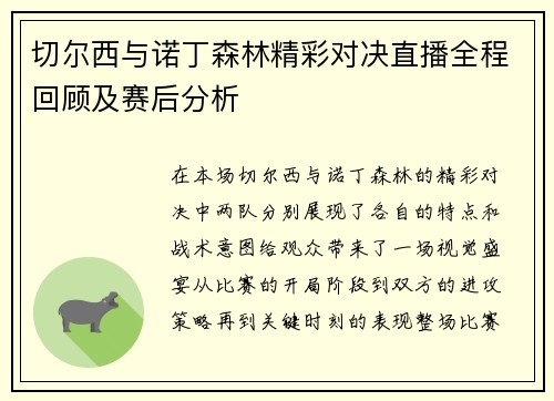 切尔西与诺丁森林精彩对决直播全程回顾及赛后分析