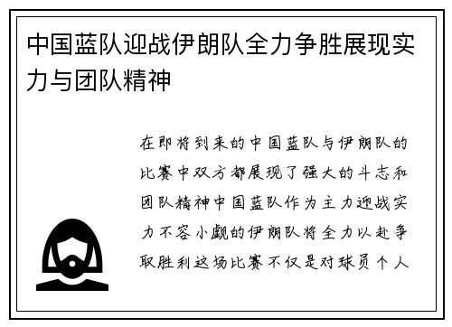 中国蓝队迎战伊朗队全力争胜展现实力与团队精神