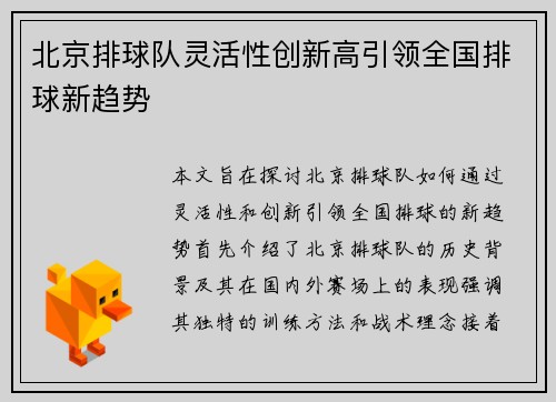 北京排球队灵活性创新高引领全国排球新趋势