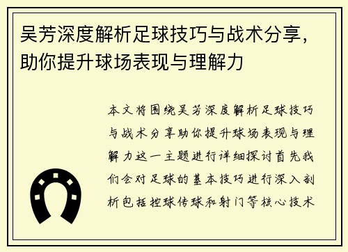 吴芳深度解析足球技巧与战术分享，助你提升球场表现与理解力