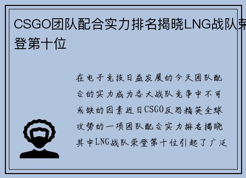 CSGO团队配合实力排名揭晓LNG战队荣登第十位