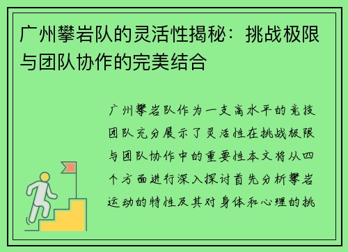广州攀岩队的灵活性揭秘：挑战极限与团队协作的完美结合