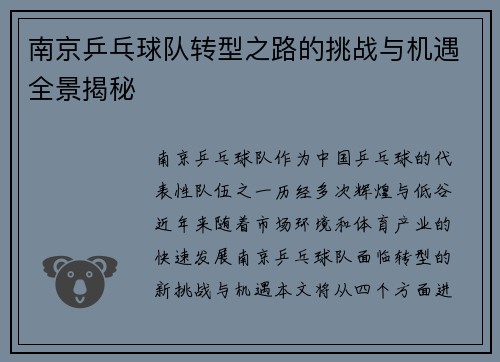 南京乒乓球队转型之路的挑战与机遇全景揭秘